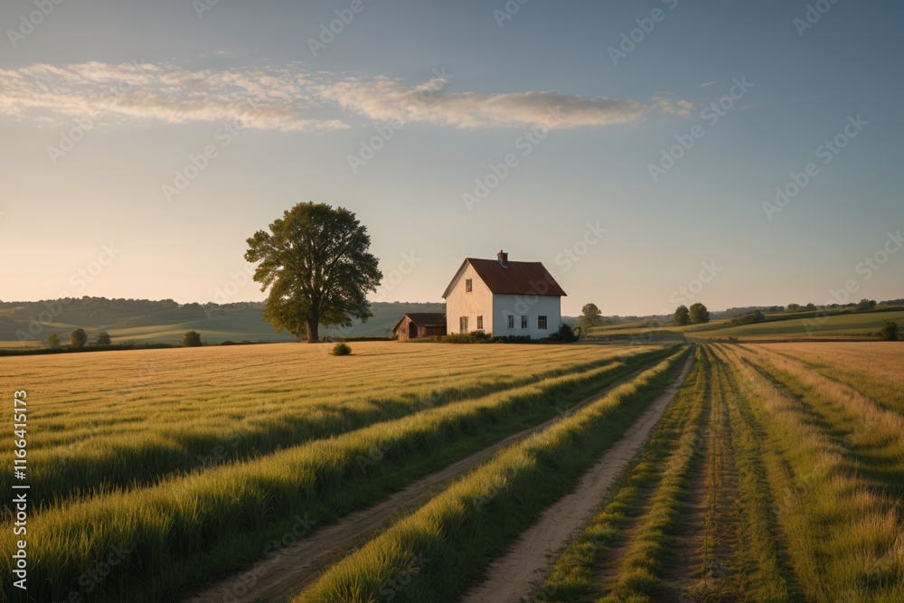 there is a house in the middle of a field with a dirt road there is a house in the middle of a field with a dirt road