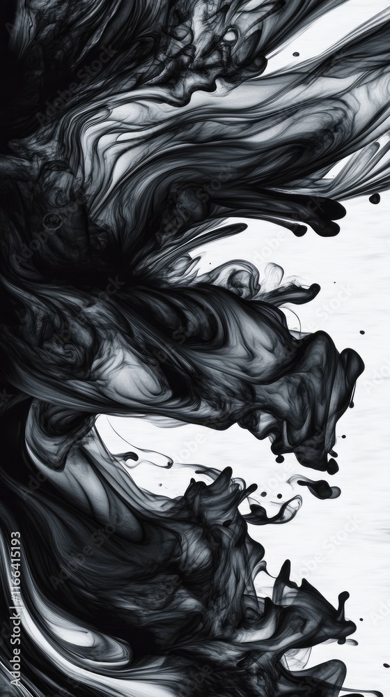 Abstract black ink swirling on a white background, creating dynamic textures and patterns.