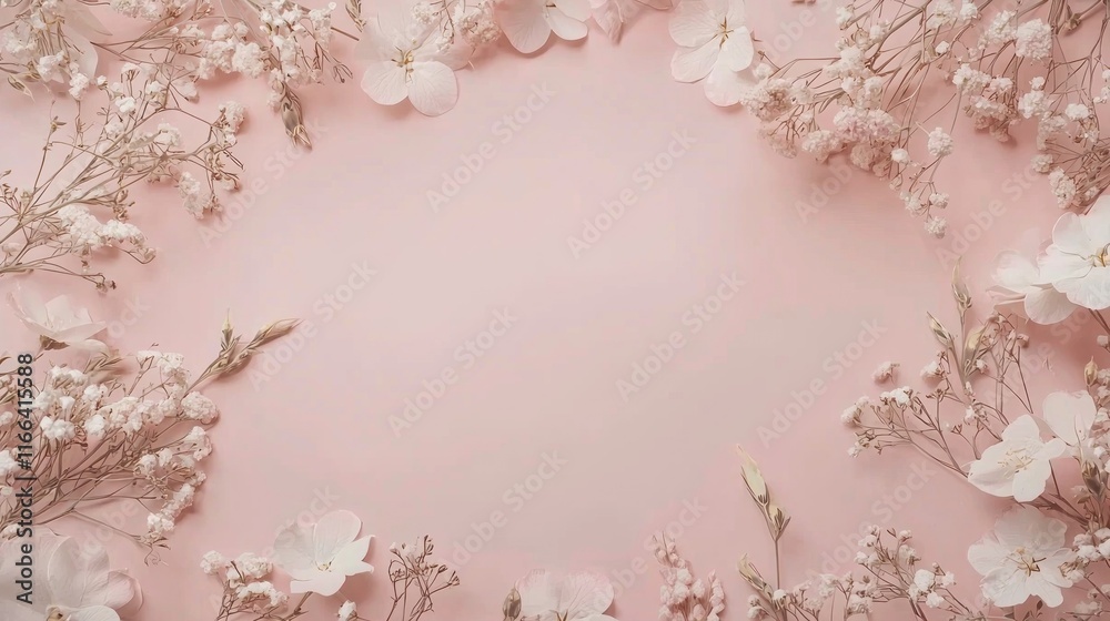Delicate Floral Frame: Pastel Pink Background with White Flowers Delicate Floral Frame: Pastel Pink Background with White Flowers