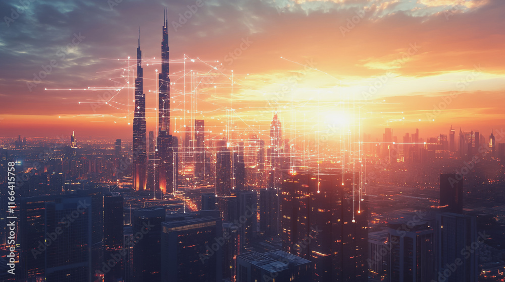 Fototapeta premium Smart Innovation city with connection cyber security network reciprocity over the sunset cityscape future wireless digital city and social media networking systems that connects people in the city