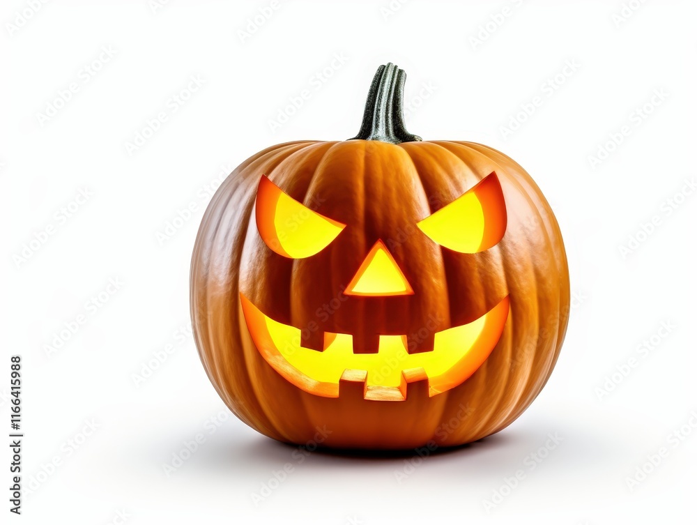 Spooky Halloween Pumpkin with Carved Face Displaying Menacing Expression, Isolated on a White Background for Festive Decoration and Themed Events Spooky Halloween Pumpkin with Carved Face Displaying Menacing Expression, Isolated on a White Background for Festive Decoration and Themed Events