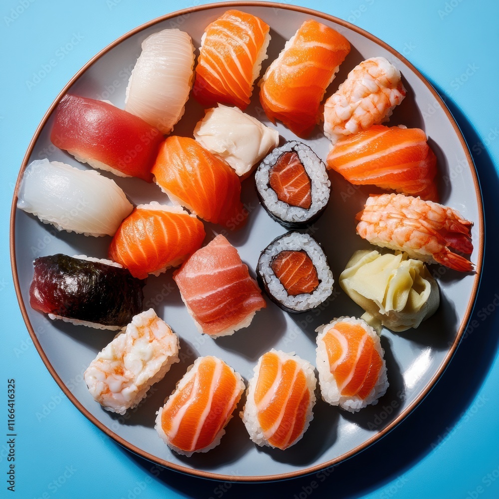 Variety of Colorful Sushi with Salmon, Tuna, Shrimp on Ceramic Plate against Blue Background, Japanese Cuisine Aesthetic Concept Variety of Colorful Sushi with Salmon, Tuna, Shrimp on Ceramic Plate against Blue Background, Japanese Cuisine Aesthetic Concept