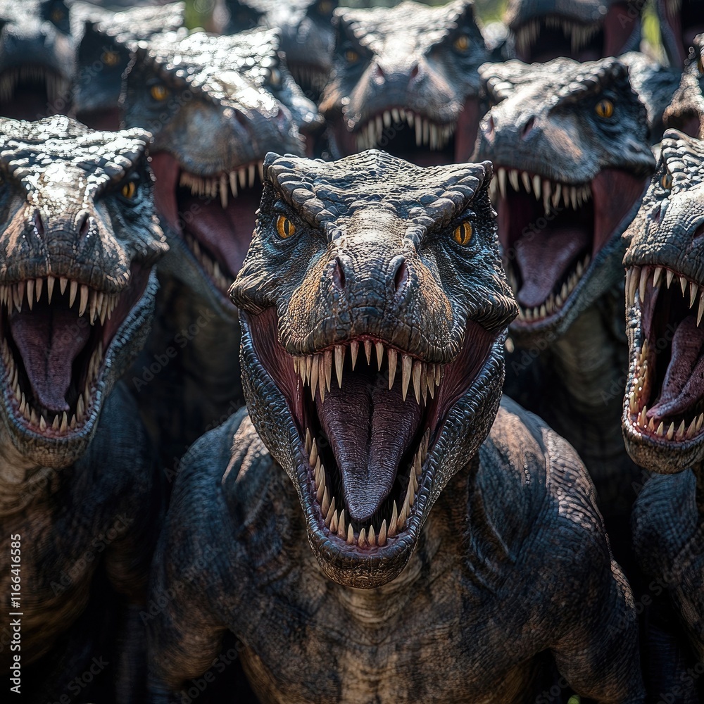 A group of roaring dinosaurs with sharp teeth, showcasing a fierce and dramatic scene. A group of roaring dinosaurs with sharp teeth, showcasing a fierce and dramatic scene.