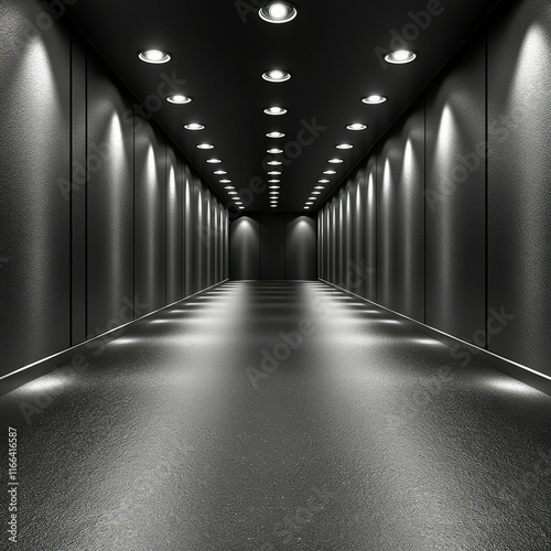 Dark Modern Corridor with Recessed Lighting and Reflective Floor