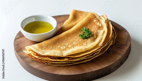 Delicious Chickpea Socca Pancakes Served with Olive Oil on Wooden Plate photo