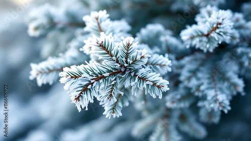 Winter Nature scene with spruce branch covered in frost