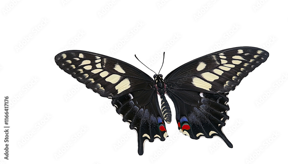 Close-up of a black and white butterfly with red and blue accent Close-up of a black and white butterfly with red and blue accent