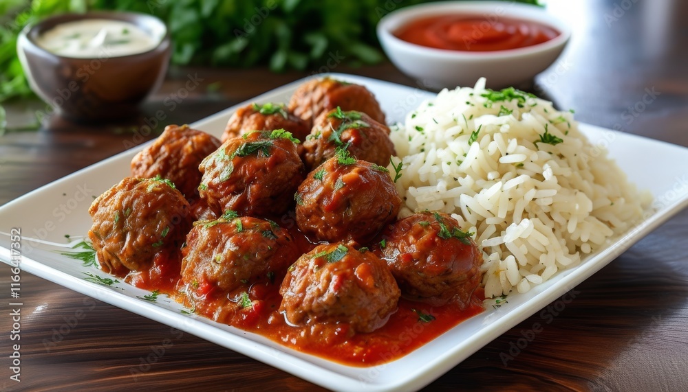Delicious Soutzoukakia Meatballs with Tomato Sauce and Rice on Elegant Plate Delicious Soutzoukakia Meatballs with Tomato Sauce and Rice on Elegant Plate