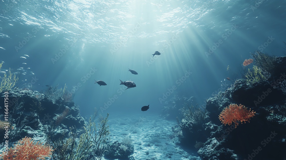 Fototapeta premium Underwater scene showcasing vibrant marine life and coral reefs.