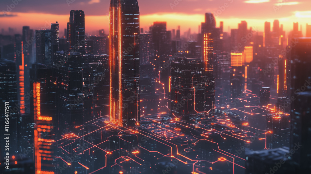 Fototapeta premium Smart Innovation city with connection cyber security network reciprocity over the sunset cityscape future wireless digital city and social media networking systems that connects people in the city