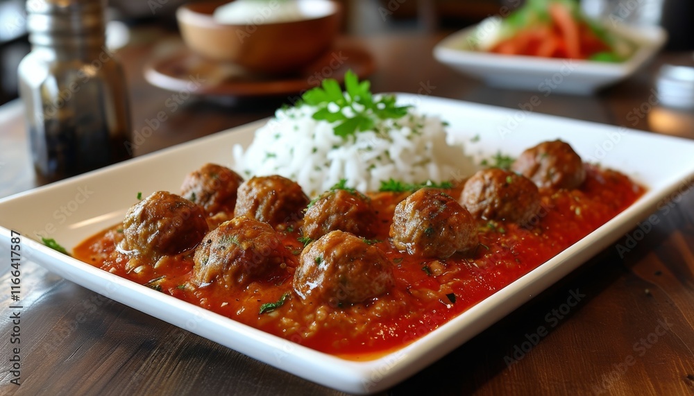 Fototapeta premium Delicious Soutzoukakia Meatballs in Tomato Sauce with Rice on White Plate