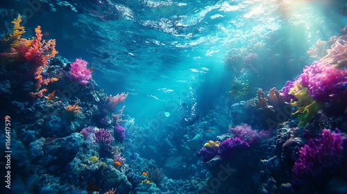 Vibrant coral reef beneath clear blue water, teeming with life.