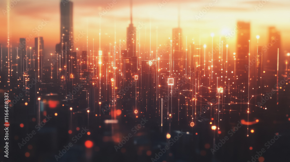 Fototapeta premium Smart Innovation city with connection cyber security network reciprocity over the sunset cityscape future wireless digital city and social media networking systems that connects people in the city
