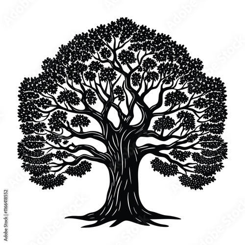 A broad black silhouette of an ancient oak tree with thick, gnarled branches spreading widely.