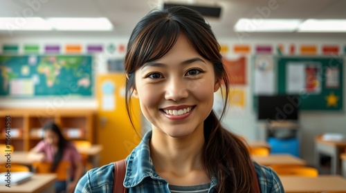 Cheerful Young Female Student in Classroom Setting with Engaging Learning Environment
