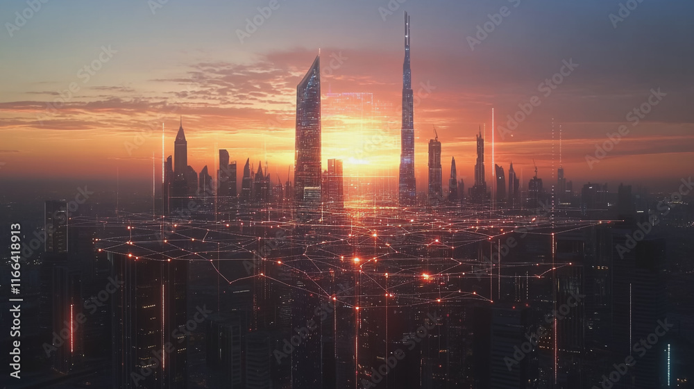 Fototapeta premium Smart Innovation city with connection cyber security network reciprocity over the sunset cityscape future wireless digital city and social media networking systems that connects people in the city