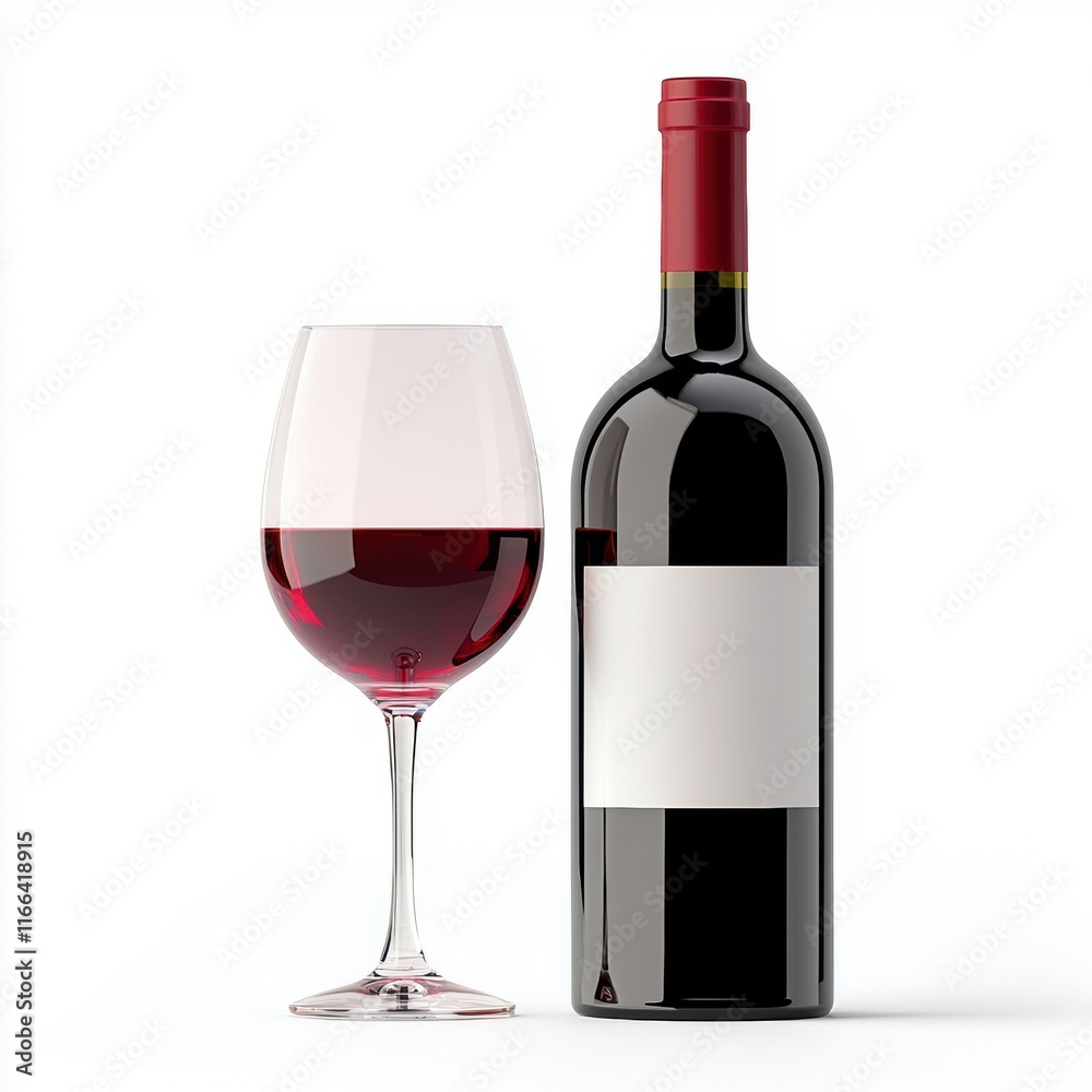 A bottle of red wine stands next to a filled wine glass, both on a plain background, highlighting the wine's rich color and elegance. A bottle of red wine stands next to a filled wine glass, both on a plain background, highlighting the wine's rich color and elegance.