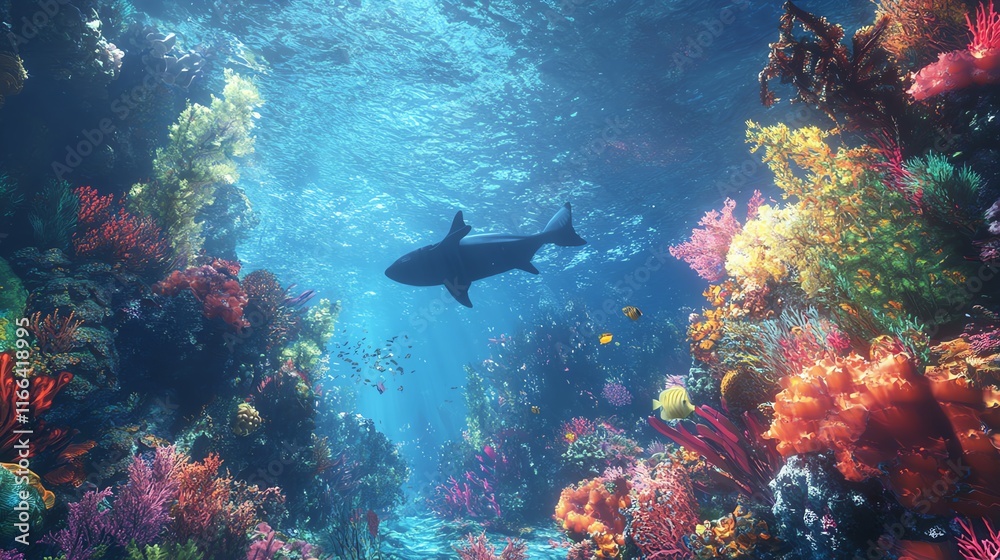 Fototapeta premium Vibrant underwater scene featuring coral reefs and a shark.