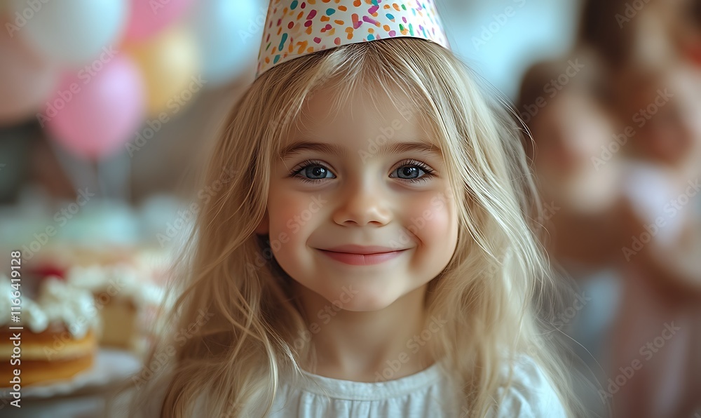 Fototapeta premium Happy girl in party hat at birthday celebration.