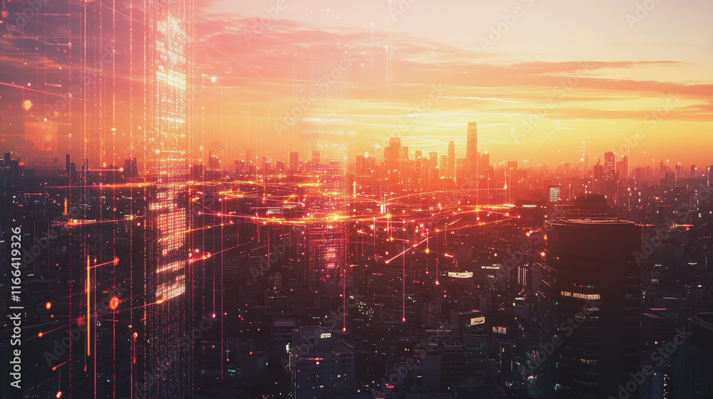 Fototapeta premium Smart Innovation city with connection cyber security network reciprocity over the sunset cityscape future wireless digital city and social media networking systems that connects people in the city