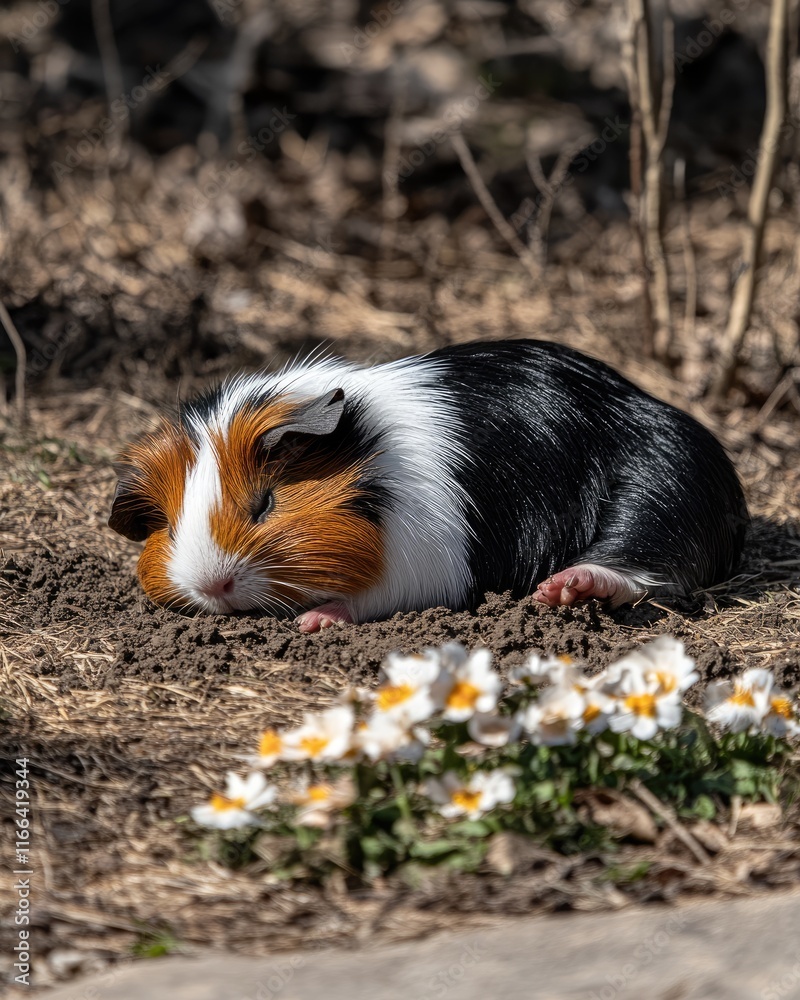 A sleeping guinea pig rests on the ground near flowers in a natural setting. A sleeping guinea pig rests on the ground near flowers in a natural setting.