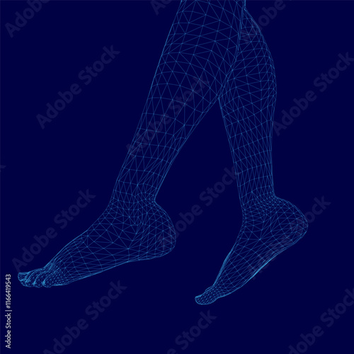 Pair of blue feet with a blue outline. The feet are shown in a 3D image, with the toes and the heel visible. The image has a futuristic and artistic feel to it, with the blue color