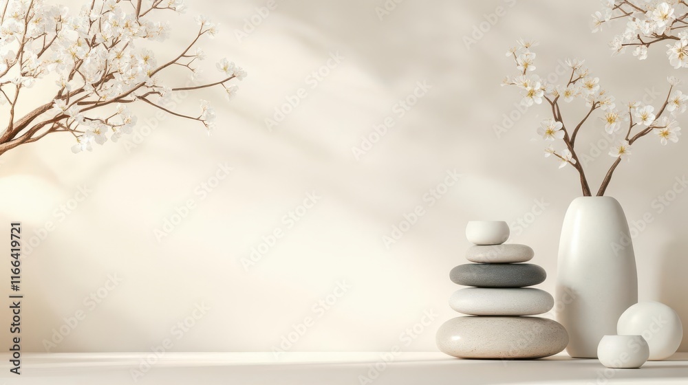 Serene Zen Garden: Stacked stones, blossoms, and minimalist vases.