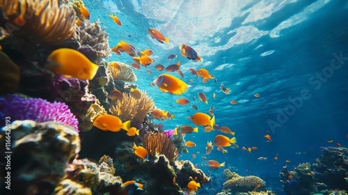 Vibrant underwater scene with colorful fish and coral reefs. photo