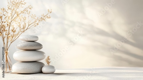 Find inner peace with this serene scene of stacked stones, delicate dried flowers, and soft lighting.