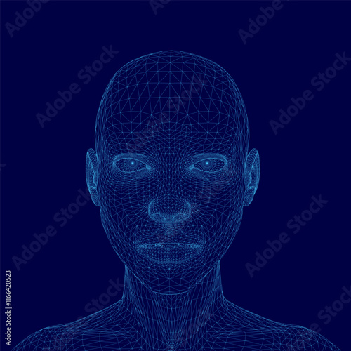 Blue head with a face made of lines. The head is in the middle of the image