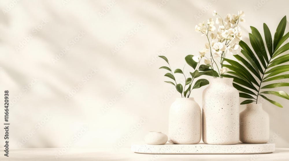Fototapeta premium Serene White Flowers in Speckled Vases, Minimalist Decor