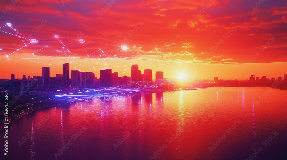 Smart Innovation city with connection cyber security network reciprocity over the sunset cityscape future wireless digital city and social media networking systems that connects people in the city