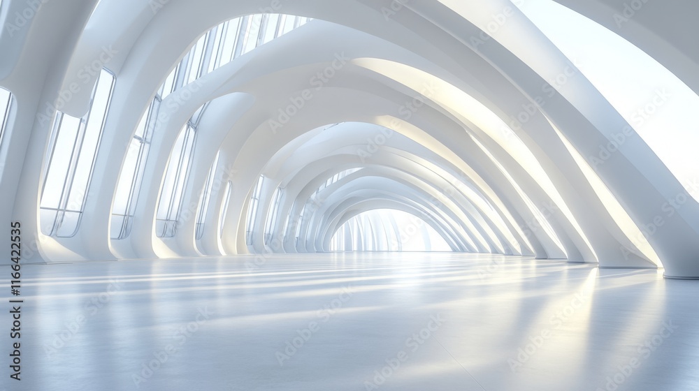 Fototapeta premium Modern white architectural interior with arched ceiling and large windows.