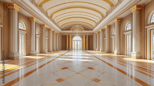 Grand hall with marble floor, columns, and arched ceiling.