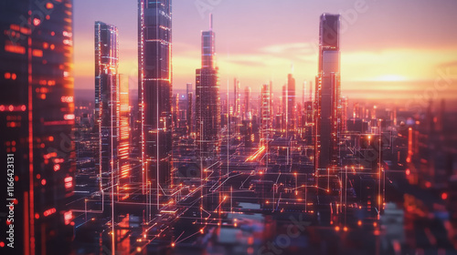 Wallpaper Mural Smart Innovation city with connection cyber security network reciprocity over the sunset cityscape future wireless digital city and social media networking systems that connects people in the city Torontodigital.ca