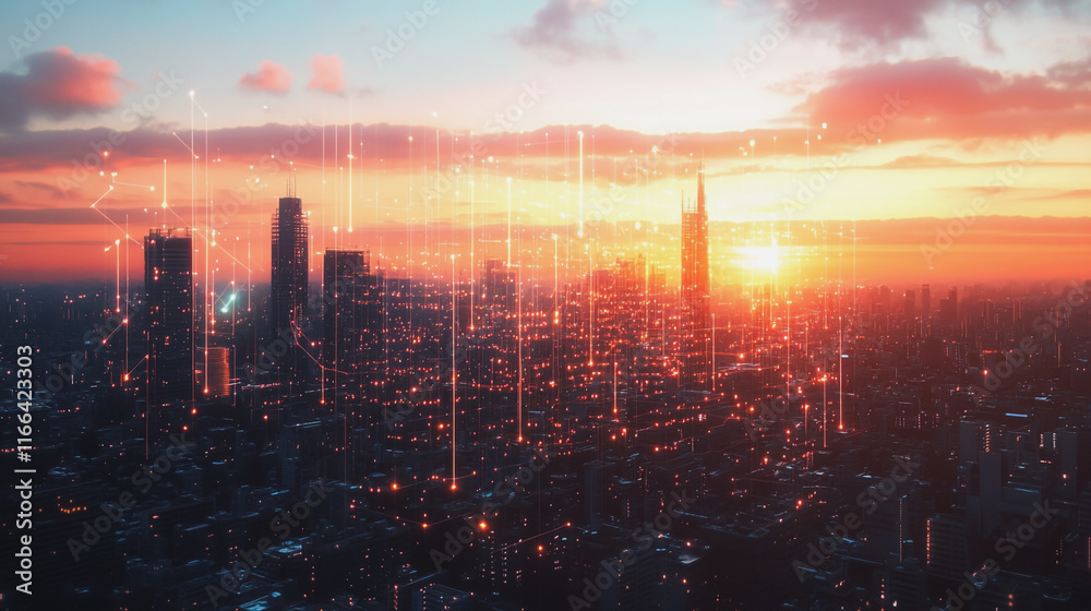 Fototapeta premium Smart Innovation city with connection cyber security network reciprocity over the sunset cityscape future wireless digital city and social media networking systems that connects people in the city