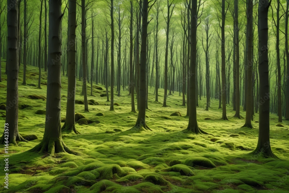 Obraz premium arafed forest with moss covered ground and trees in the background