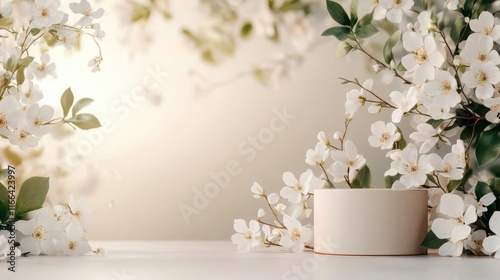Elegant beige cylinder nestled amongst delicate white blossoms, creating a serene springtime scene.
