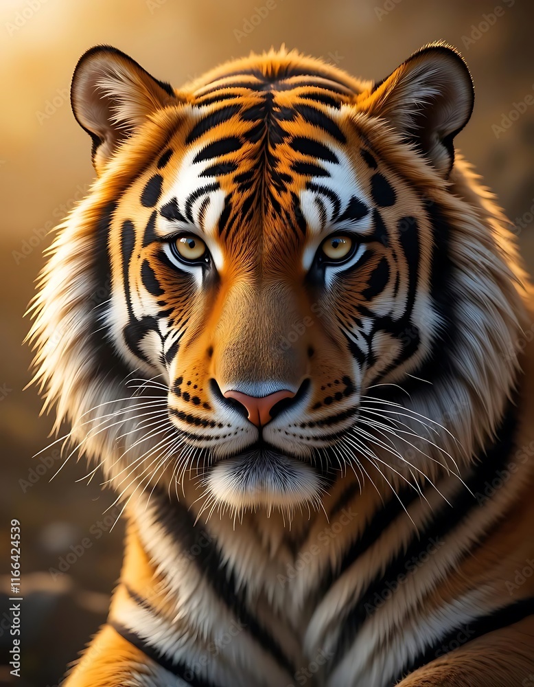 Fototapeta premium Majestic Tiger Facing Forward in Sunlight. Beautiful Royal Bengal Tiger face close up