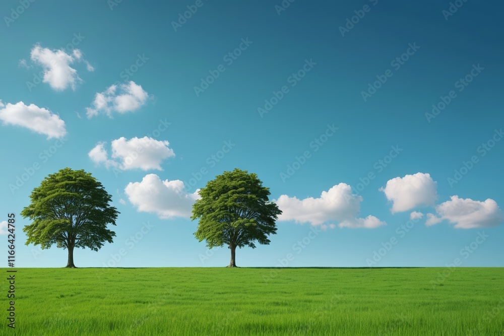 there are three trees in a field with a blue sky there are three trees in a field with a blue sky