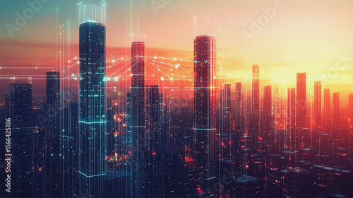 Wallpaper Mural Smart Innovation city with connection cyber security network reciprocity over the sunset cityscape future wireless digital city and social media networking systems that connects people in the city Torontodigital.ca