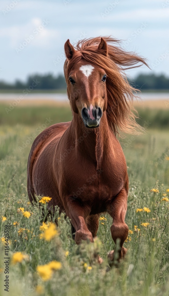 Obraz premium A chestnut horse galloping through a field of flowers under a blue sky.