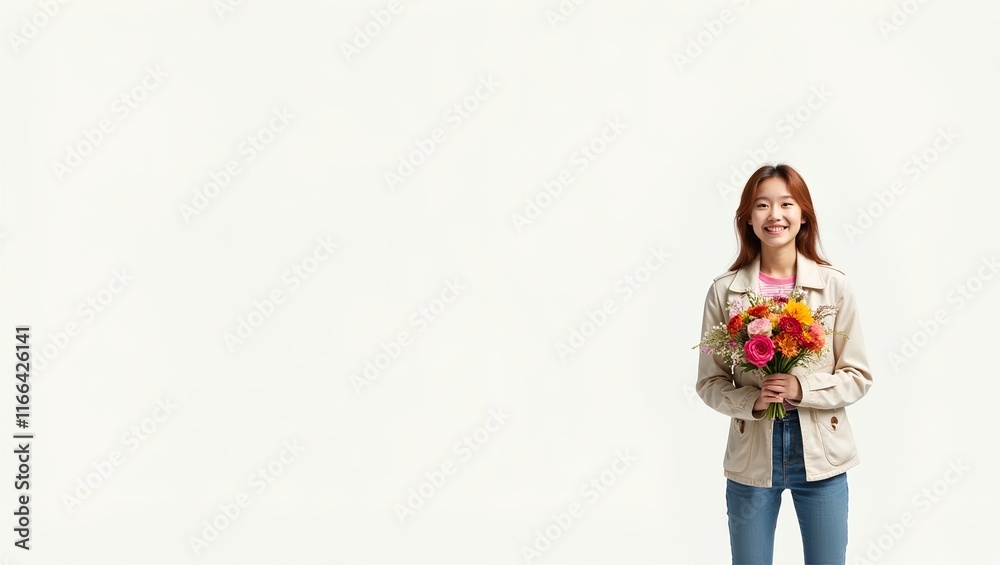 fashionable young lady with a cheerful demeanor stands in the frame's bottom-right corner. She is holding a colorful bouquet of flowers. The background is a plain white cooler. fashionable young lady with a cheerful demeanor stands in the frame's bottom-right corner. She is holding a colorful bouquet of flowers. The background is a plain white cooler.