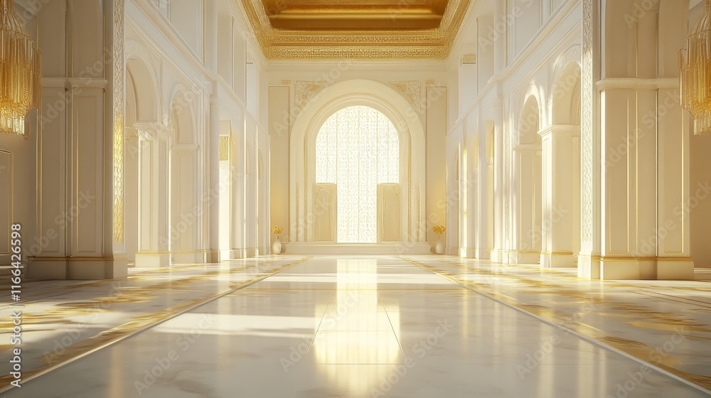 Sunlit opulent palace hall with arched windows and marble floor. Sunlit opulent palace hall with arched windows and marble floor.