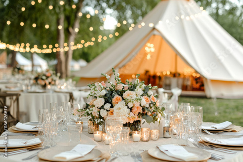 Country-style wedding dinner table with an outdoor table with flower decoration and a big tent in backdrop