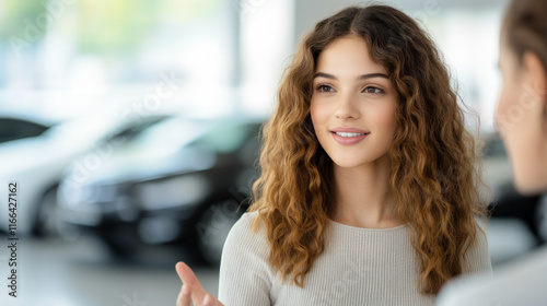 Young woman confidently presenting a car to a potential buyer in a bustling car showroom , female worker in car industry and feminization of dealerships concept image photo