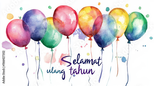 Happy Birthday illustration card written in Indonesian language Selamat ulang tahun in watercolor style with festive balloons on white background photo