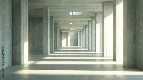 Sunlit concrete corridor with columns and ceiling lights.