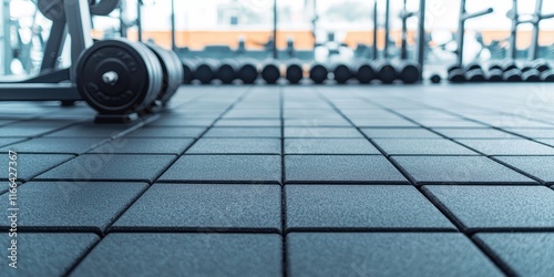 Flooring vinyl maintenance concept. Rubber flooring in a gym setting with weights, showcasing a modern workout environment. photo