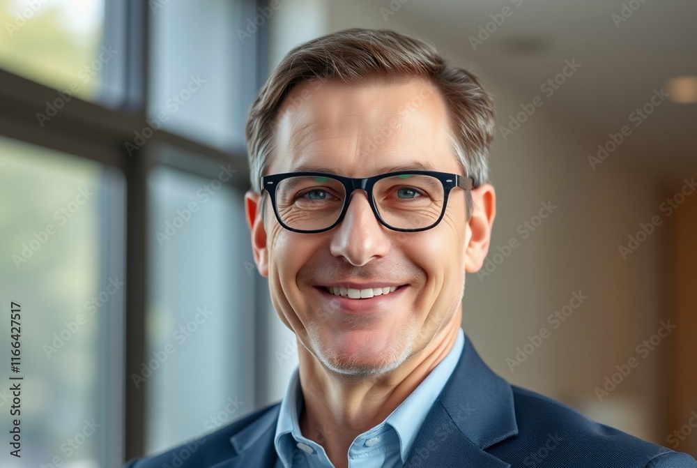 Smiling Businessman in Professional Attire with Glasses Standing by a Window Smiling Businessman in Professional Attire with Glasses Standing by a Window